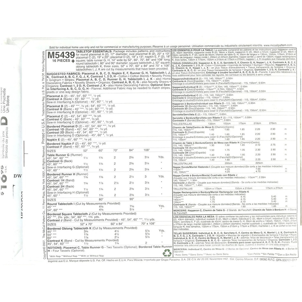 McCall's Sewing Pattern Tabletop Essentials Dining Kitchen - Picture 2 of 2